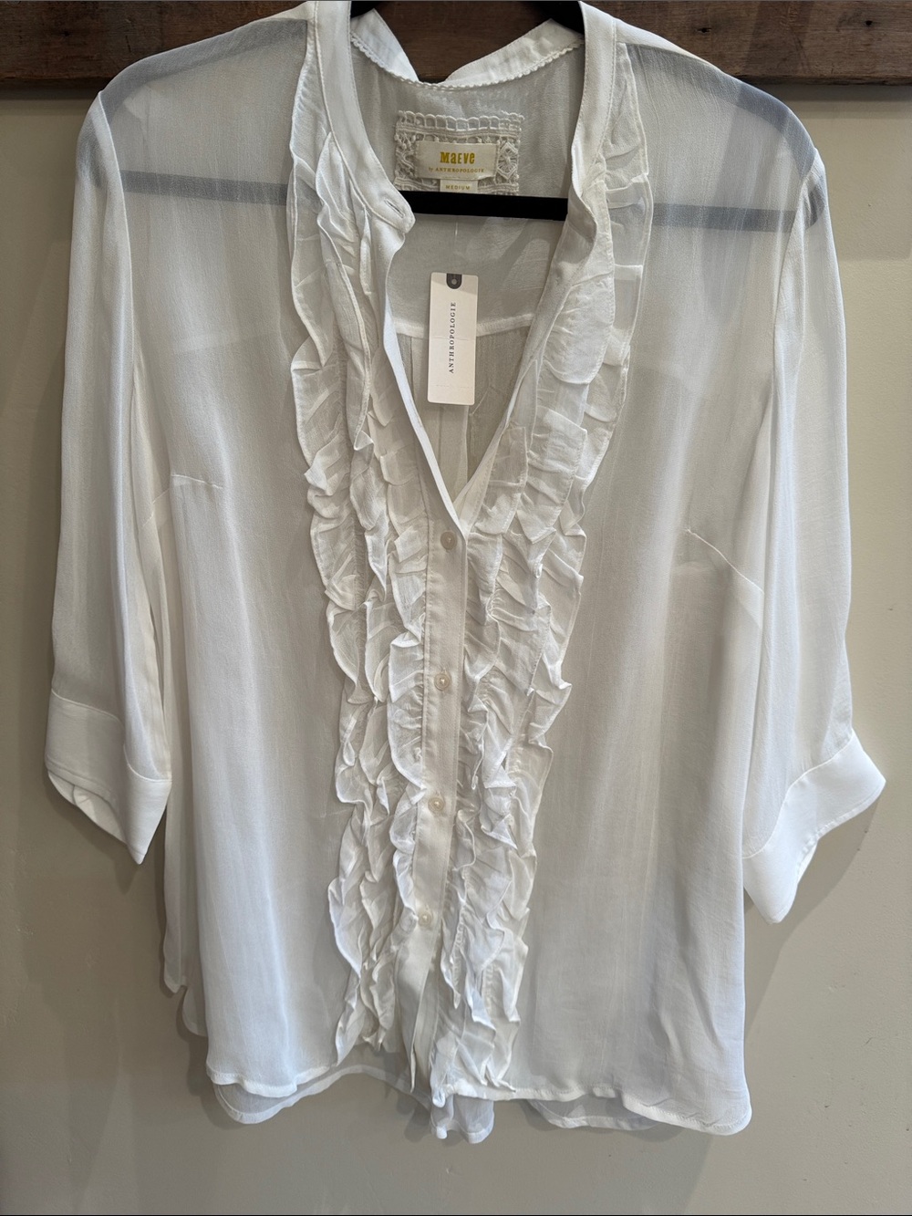 Mauve Medium White Ruffle-Front Semi-Sheer Blouse NWT